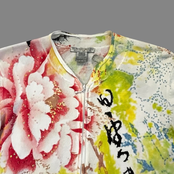 Alberto Makali Knit Top Asian Floral Sequins Zip Up Slim Fit XL  Artsy Boho 90s - Picture 2 of 9